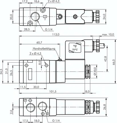 Elektrozawór 3/2 G 1/4 (NO), 12 V DC