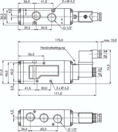 Elektrozawór 5/2 G 1/2, powrót powietrzem i sprężyną, 12 V DC
