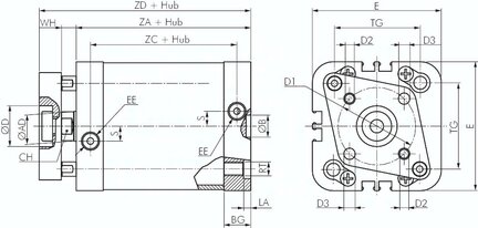 Siłownik dwustronnego działania ISO21287, z dwustronnym tłoczyskiem, D100x100 - Airtec