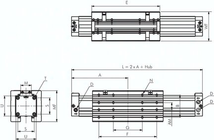 Siłownik beztłoczyskowy D40x300, z podwójnym prowadzeniem, standardowy - Air-com