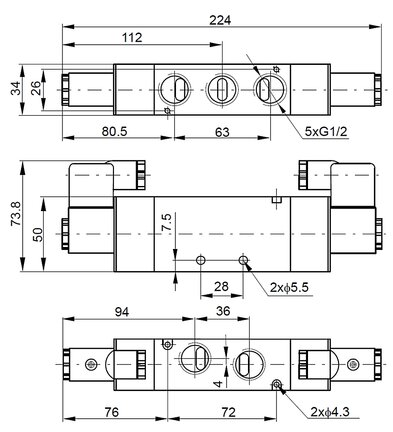 Elektrozawór 5/2 G1/2, 230V AC, bistabilny - PNEUER